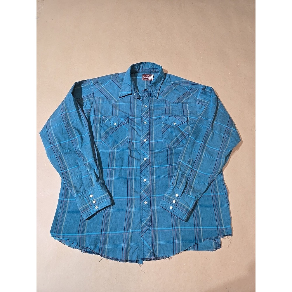 Wrangler Western‎ Shirt Teal Plaid Long Sleeve Pearl Snap Cowboy Rancher XL
